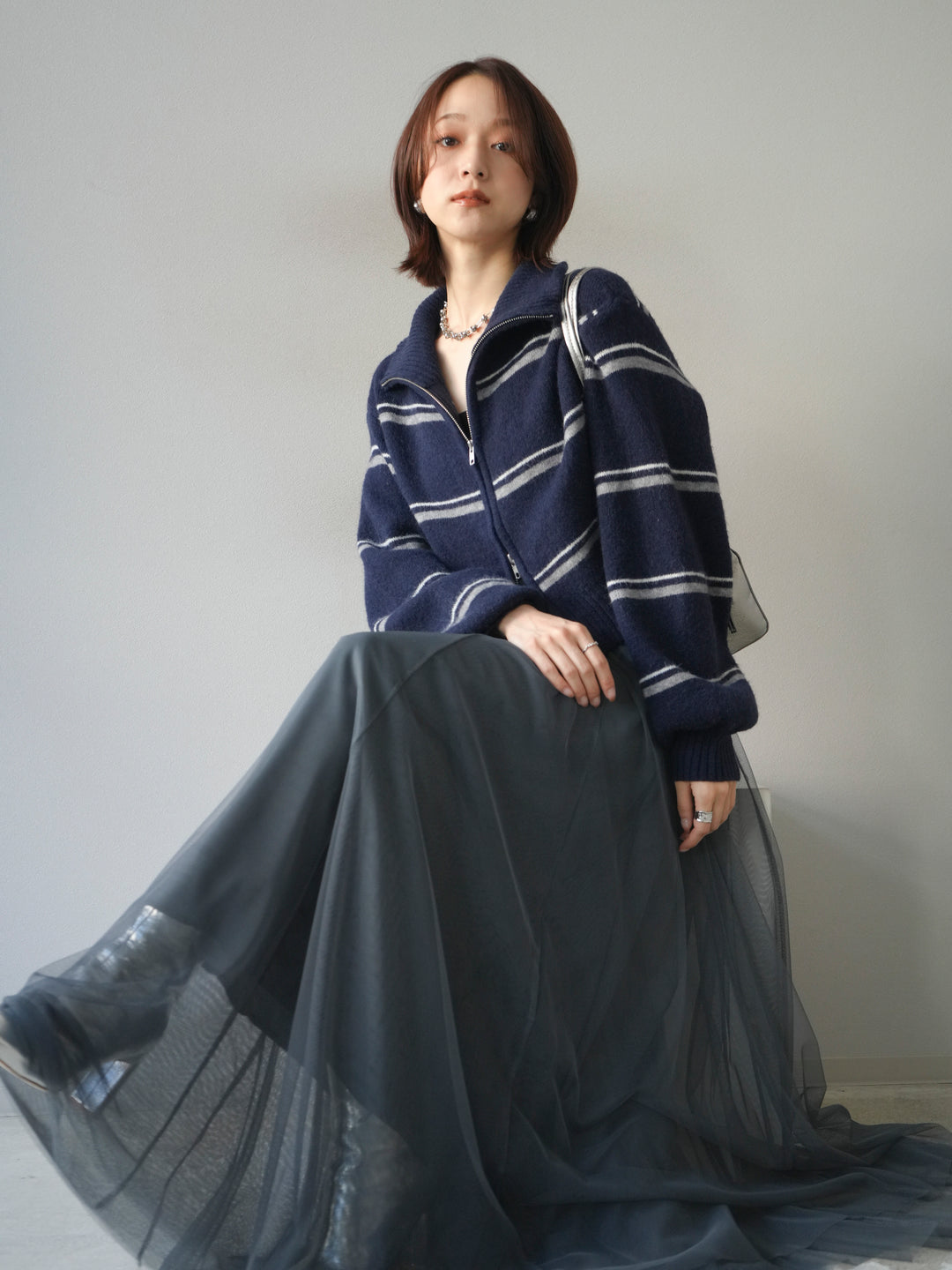 [予約]ボーダーZIPショートニットカーディガン/navy