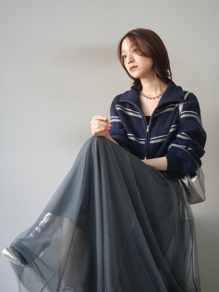 [予約]ボーダーZIPショートニットカーディガン/navy