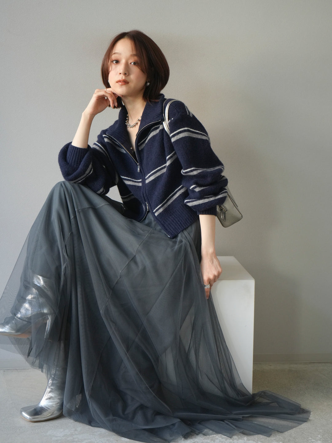 [予約]ボーダーZIPショートニットカーディガン/navy