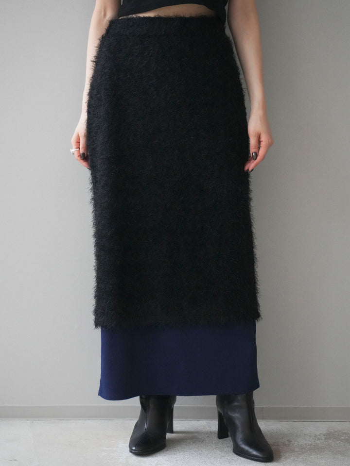 [予約]異素材バイカラーレイヤードシャギーニットスカート/black