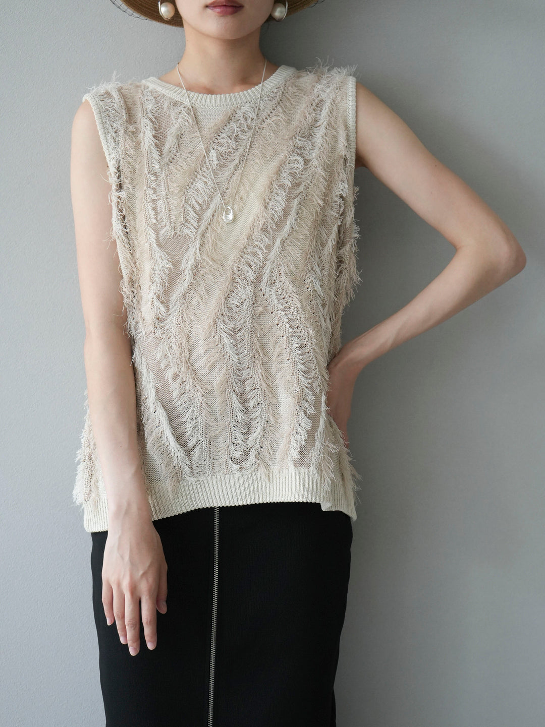 [Pre-order] Mixed fringe knit top/ivory