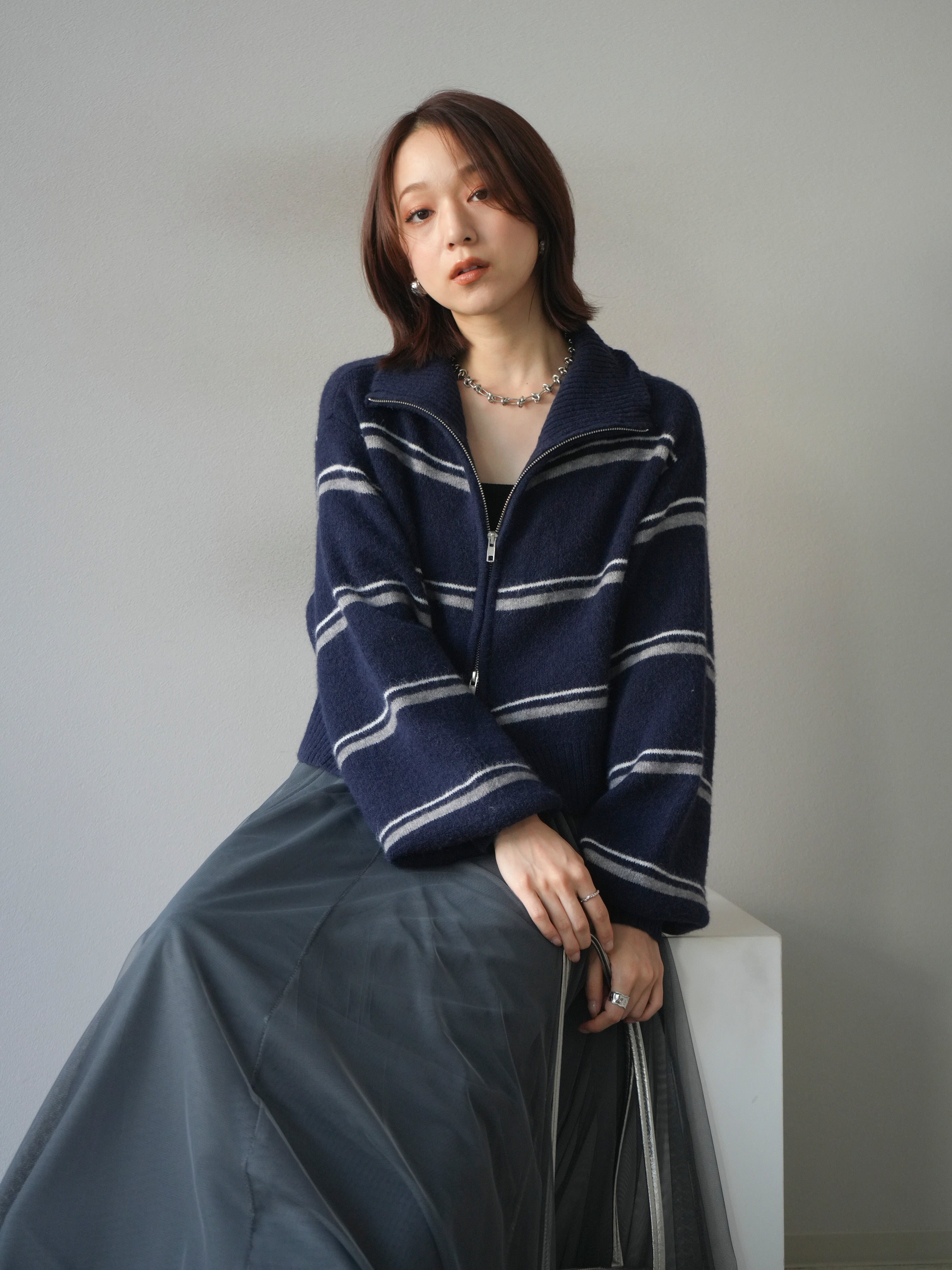予約]ボーダーZIPショートニットカーディガン/navy – Lumier