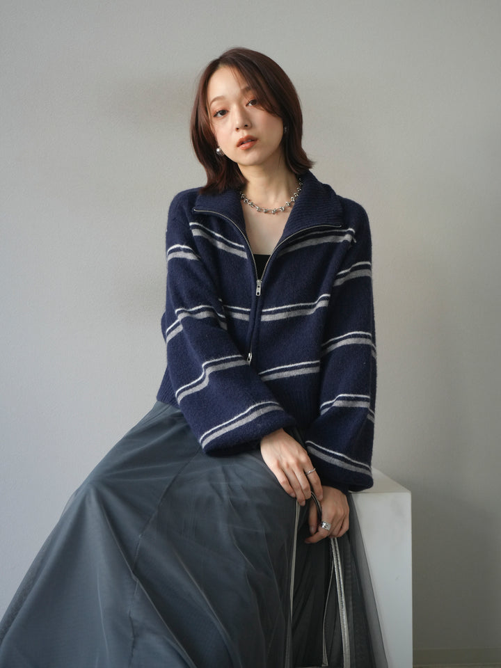 [予約]ボーダーZIPショートニットカーディガン/navy