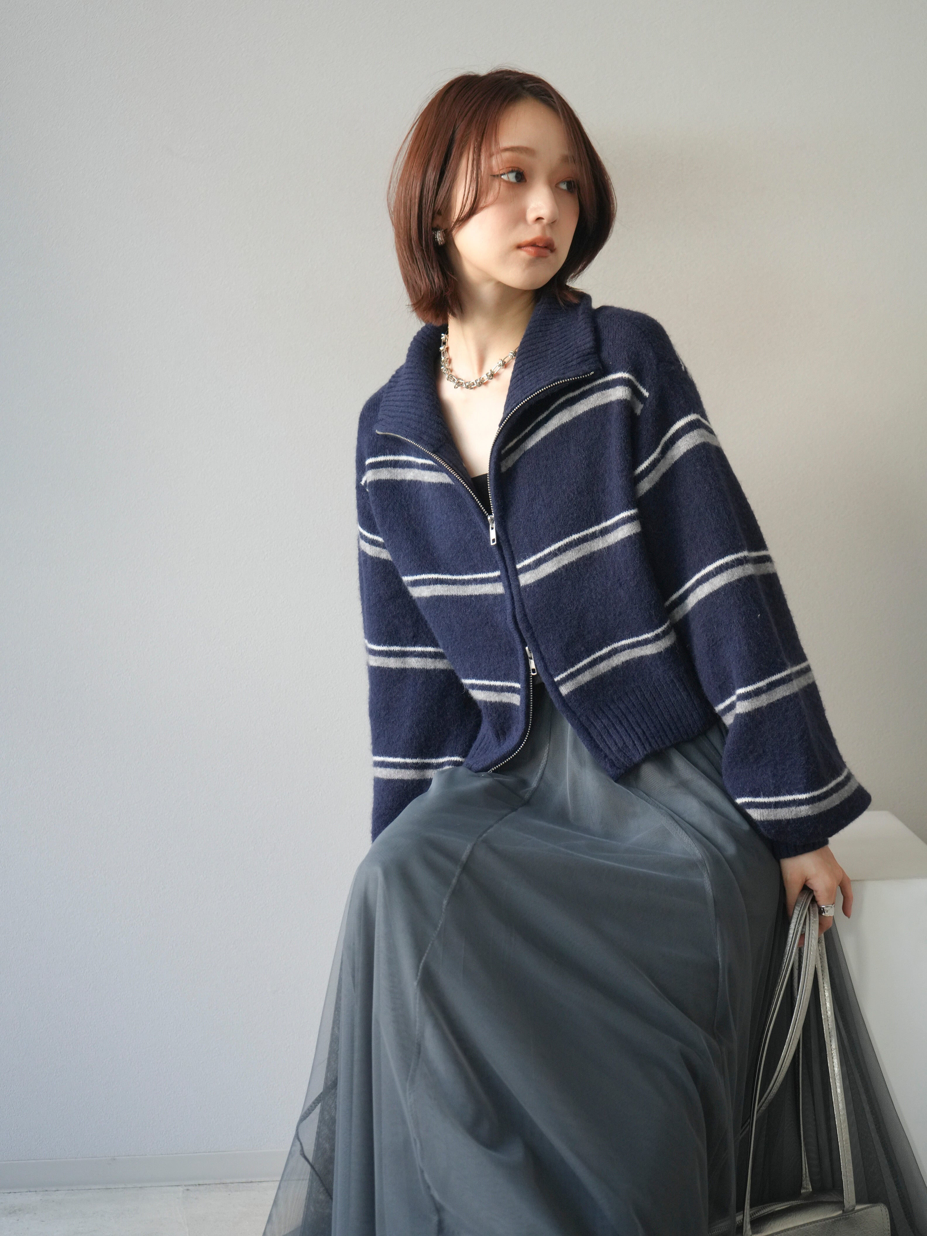 予約]ボーダーZIPショートニットカーディガン/navy – Lumier