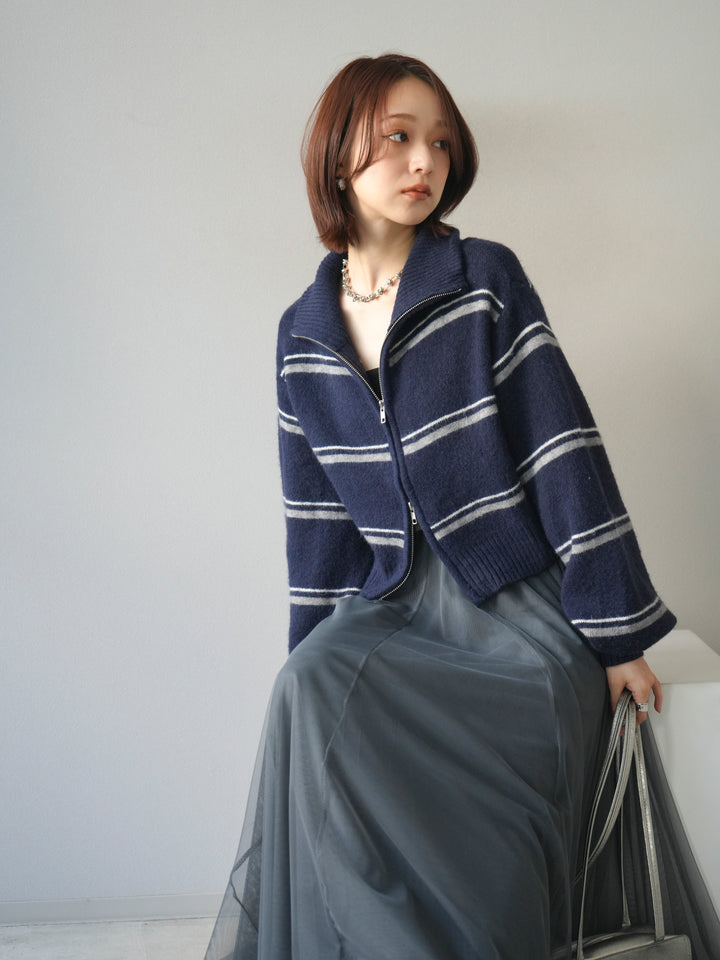 [予約]ボーダーZIPショートニットカーディガン/navy
