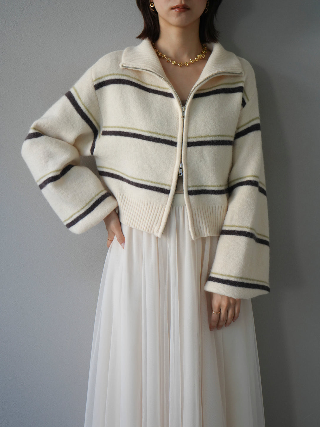 [予約]ボーダーZIPショートニットカーディガン/ivory