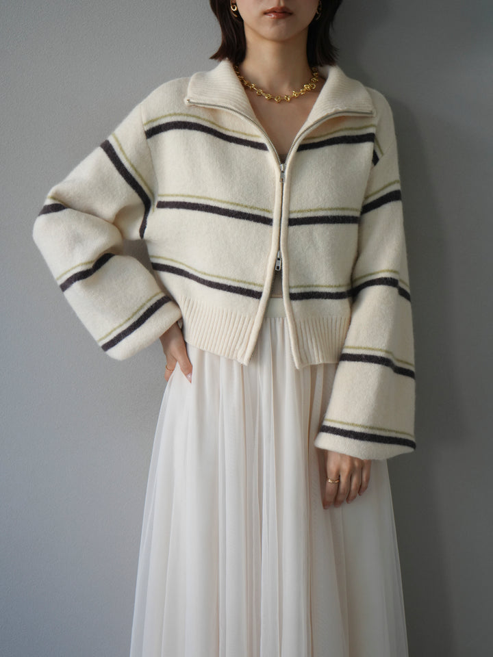 [予約]ボーダーZIPショートニットカーディガン/ivory