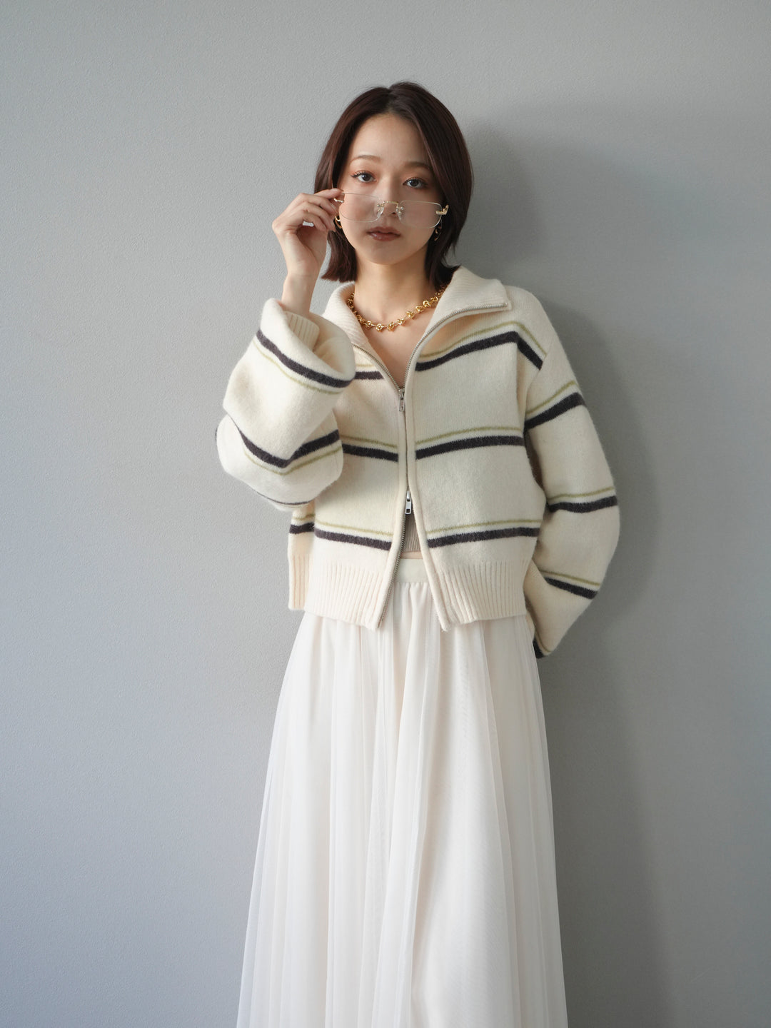 [予約]ボーダーZIPショートニットカーディガン/ivory