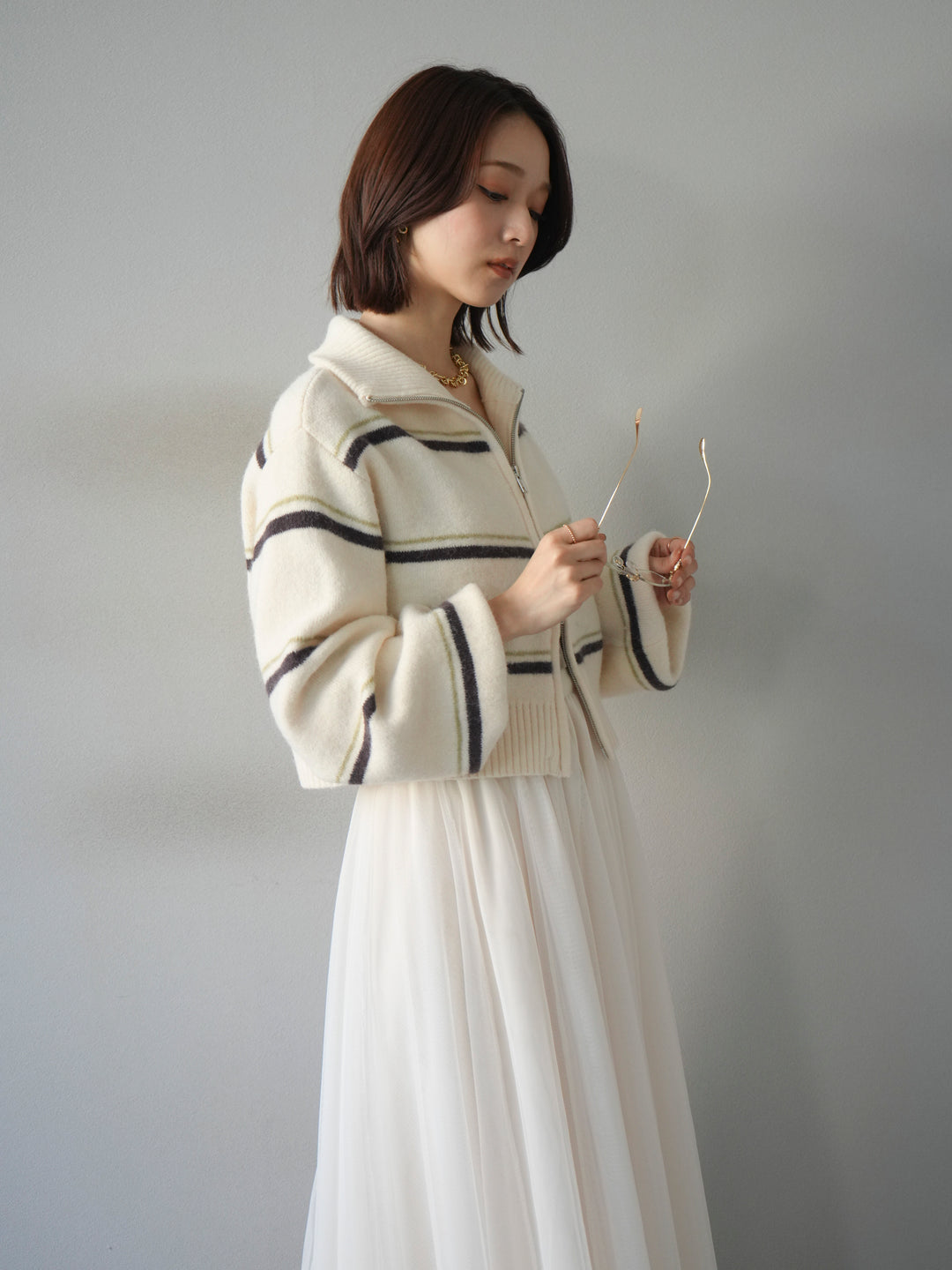 [予約]ボーダーZIPショートニットカーディガン/ivory