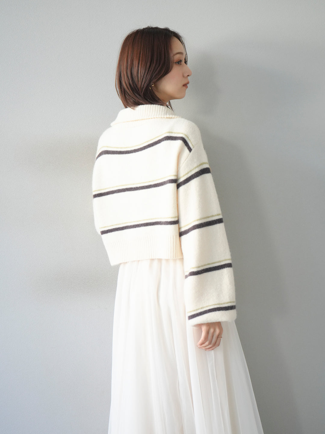 [予約]ボーダーZIPショートニットカーディガン/ivory