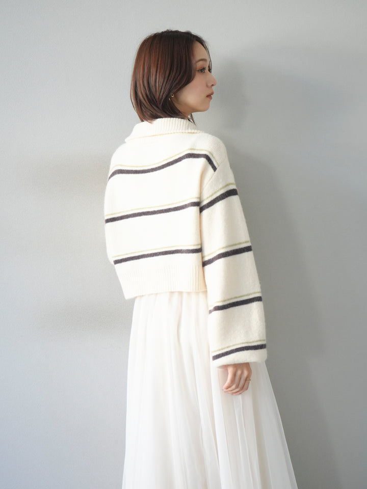 [予約]ボーダーZIPショートニットカーディガン/ivory