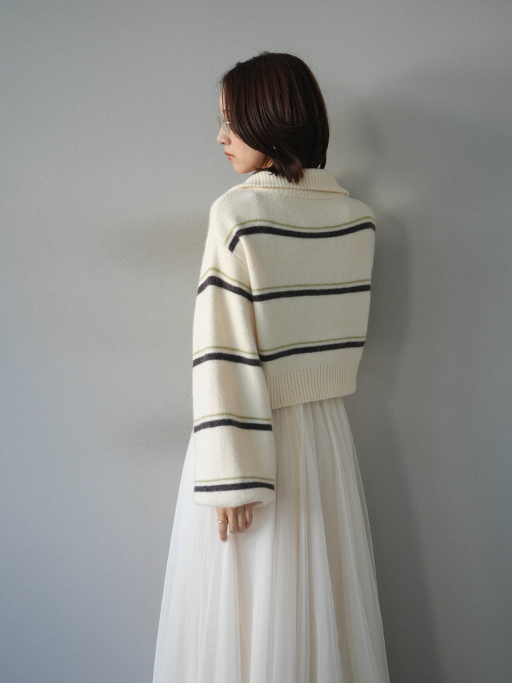 [予約]ボーダーZIPショートニットカーディガン/ivory