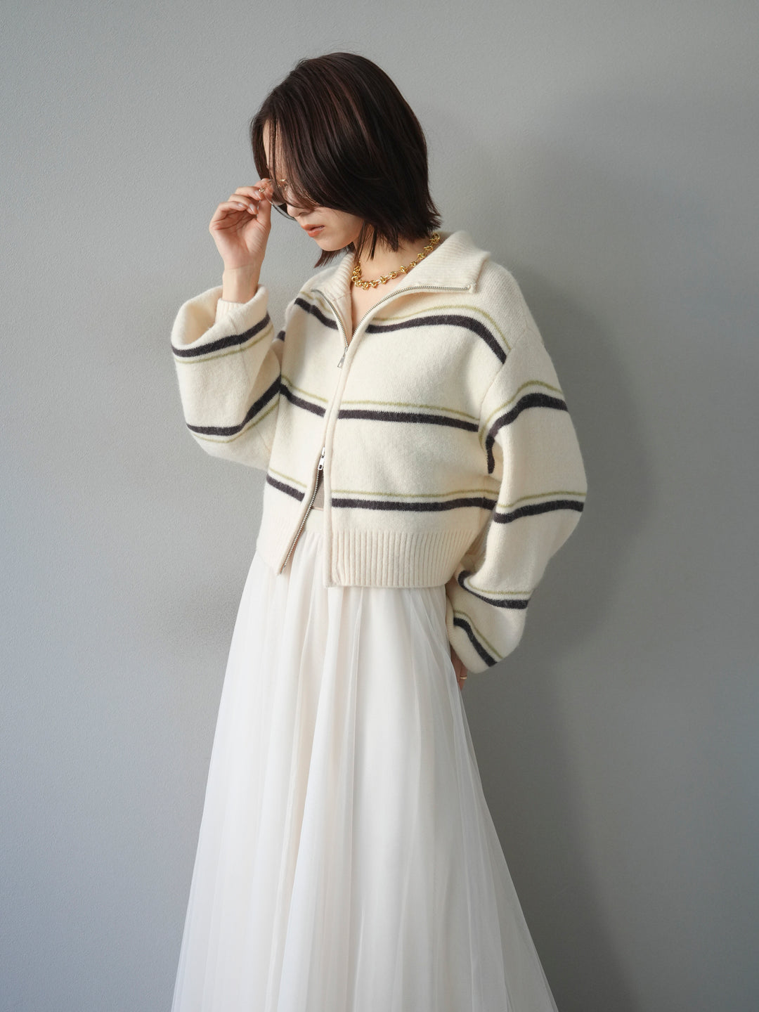 [予約]ボーダーZIPショートニットカーディガン/ivory