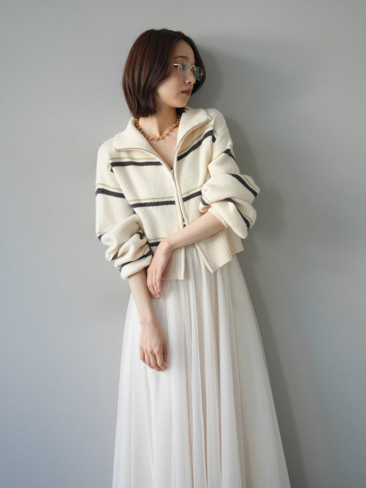 [予約]ボーダーZIPショートニットカーディガン/ivory