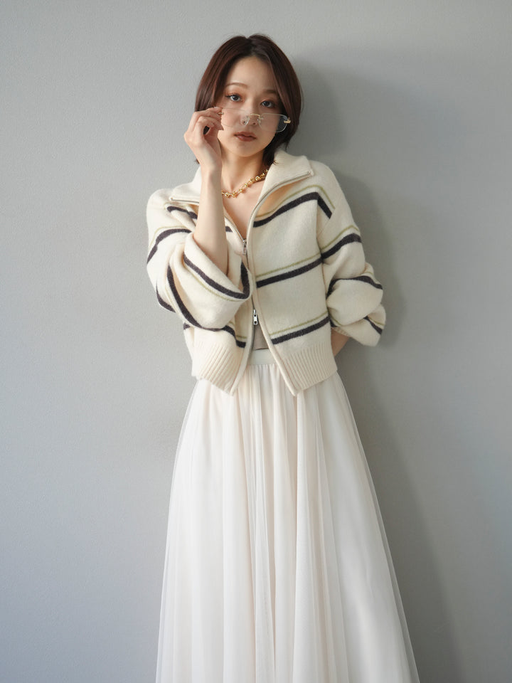 [予約]ボーダーZIPショートニットカーディガン/ivory