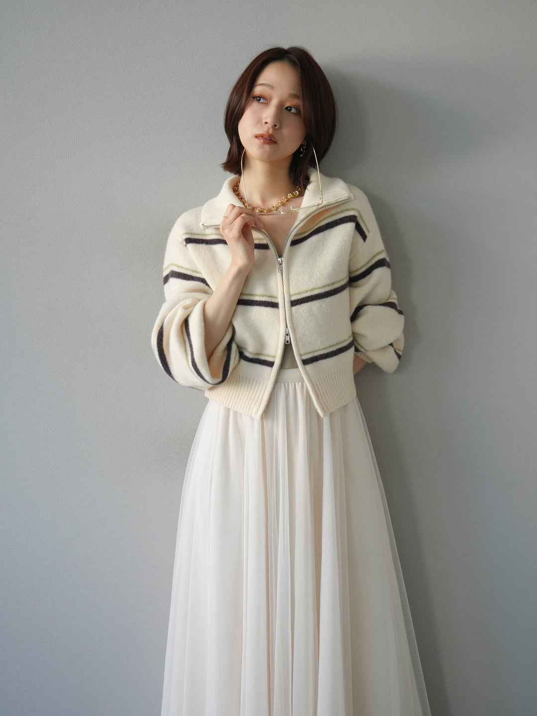 [予約]ボーダーZIPショートニットカーディガン/ivory