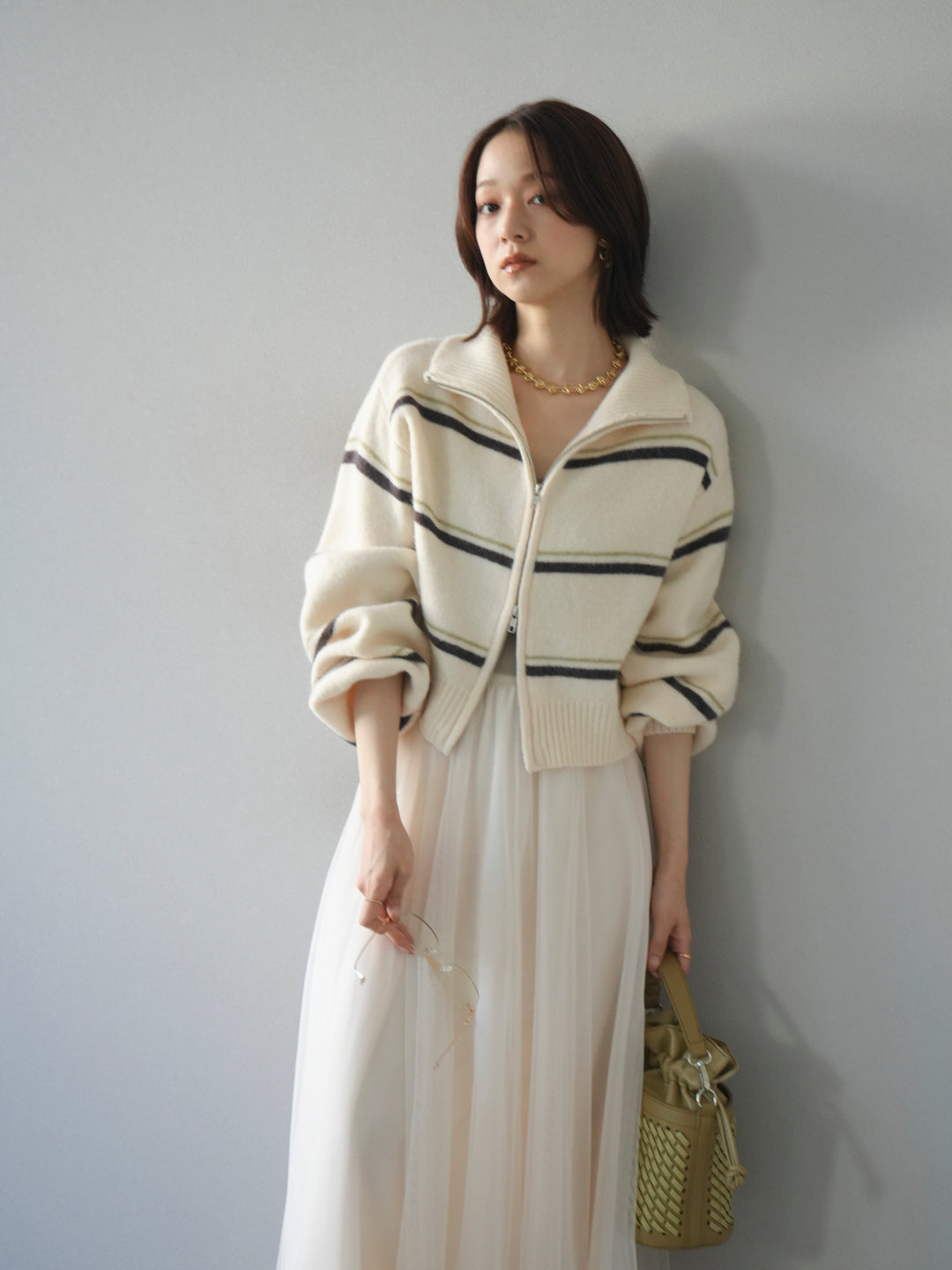 [予約]ボーダーZIPショートニットカーディガン/ivory