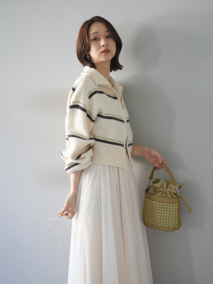 [予約]ボーダーZIPショートニットカーディガン/ivory