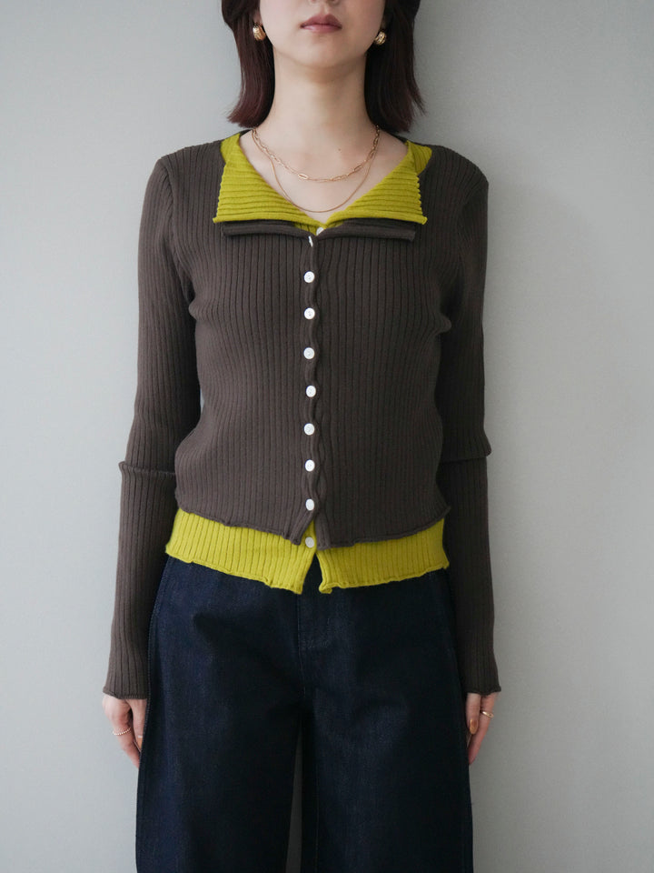 [予約]配色レイヤードリブニットカーディガン/brown