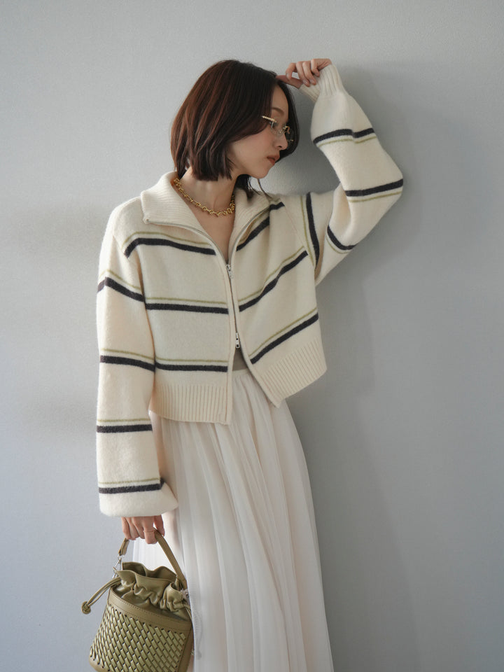 [予約]ボーダーZIPショートニットカーディガン/ivory