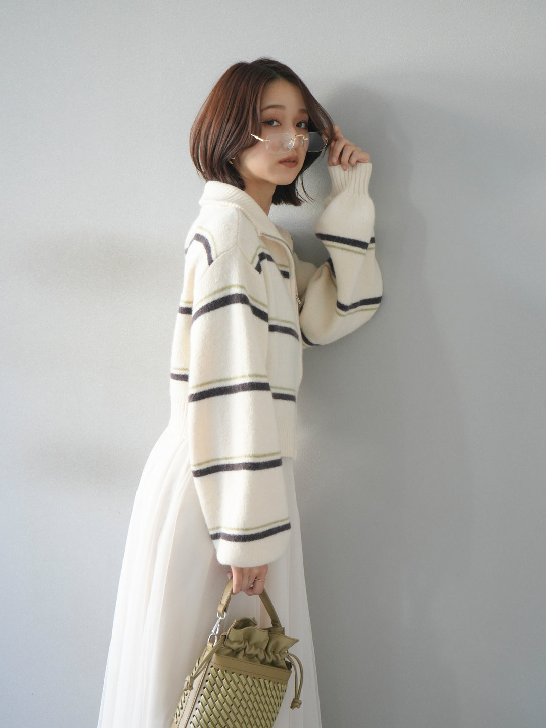 [予約]ボーダーZIPショートニットカーディガン/ivory