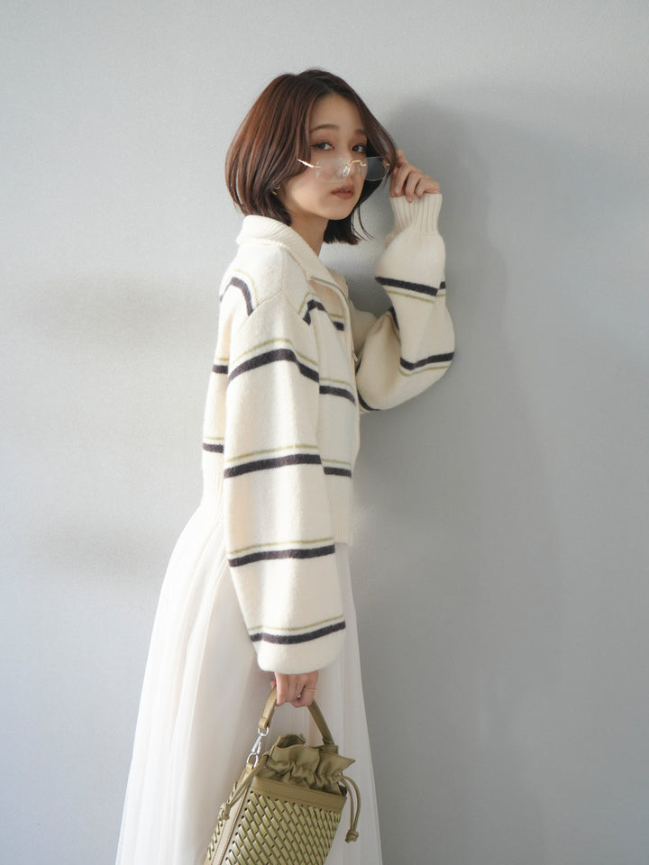[予約]ボーダーZIPショートニットカーディガン/ivory