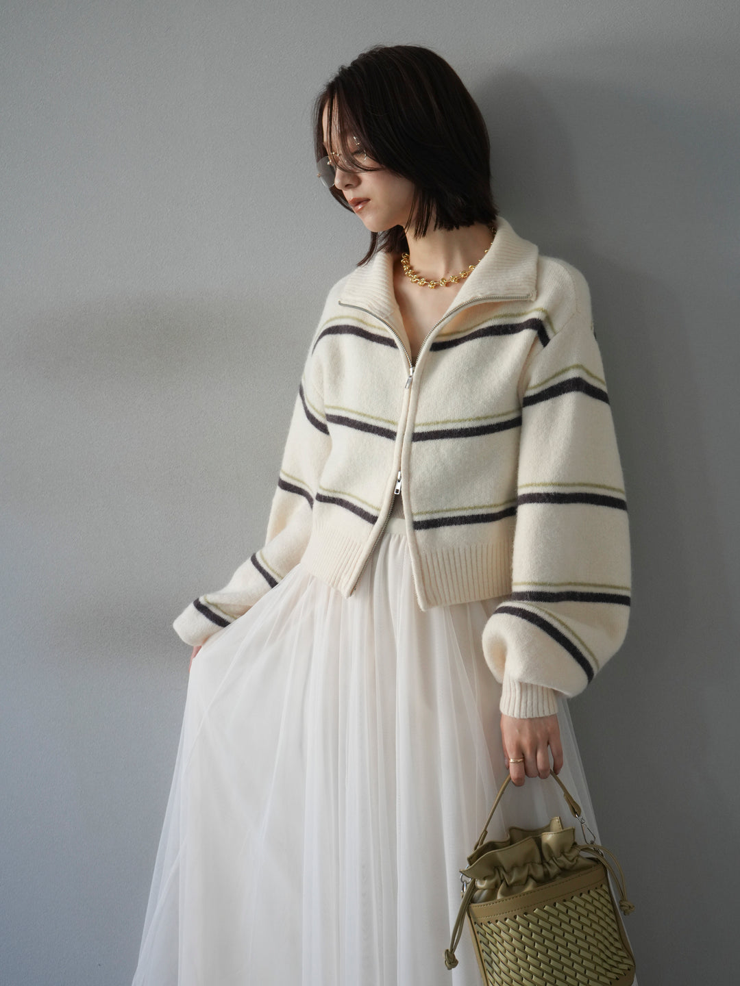 [予約]ボーダーZIPショートニットカーディガン/ivory