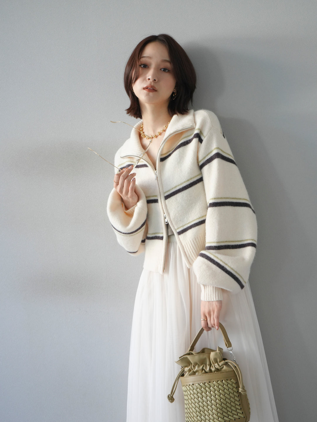[予約]ボーダーZIPショートニットカーディガン/ivory
