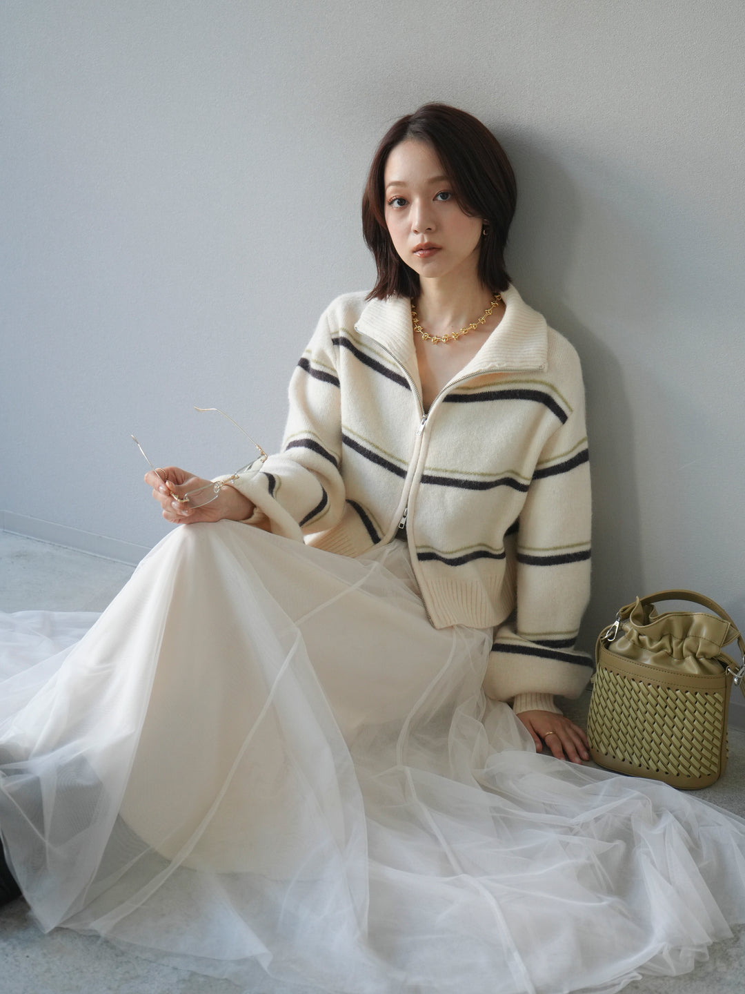 [予約]ボーダーZIPショートニットカーディガン/ivory