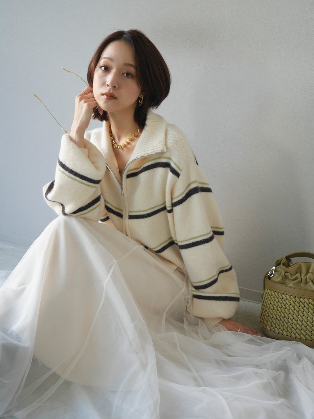 [予約]ボーダーZIPショートニットカーディガン/ivory