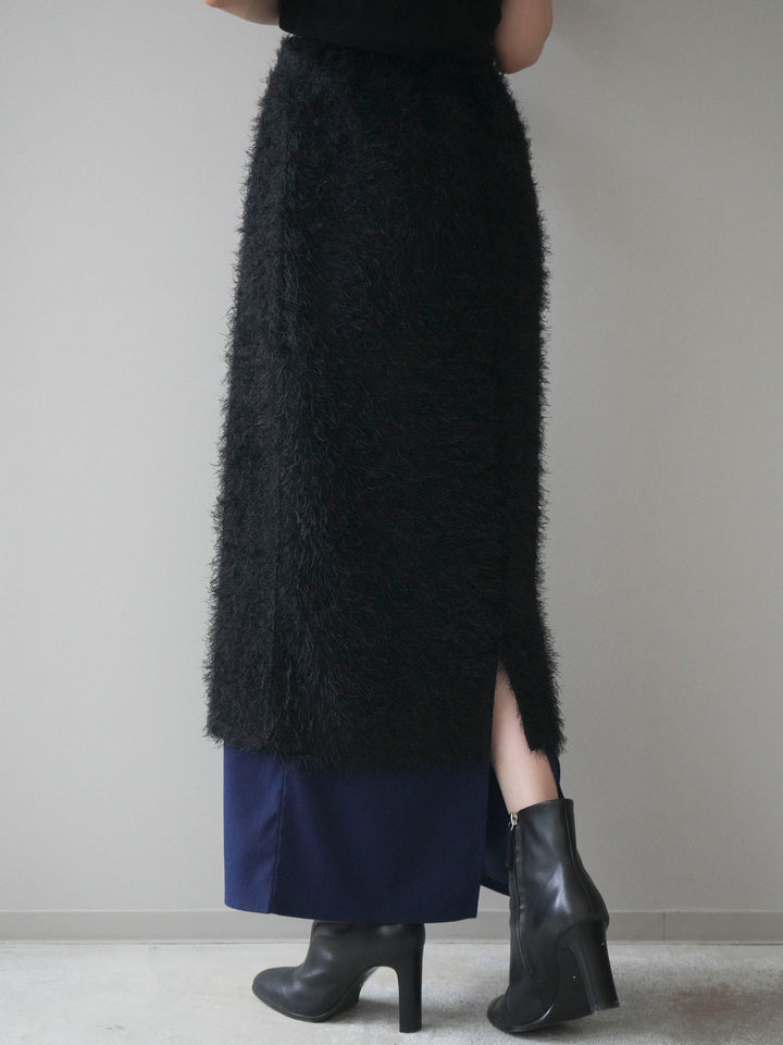 [予約]異素材バイカラーレイヤードシャギーニットスカート/black