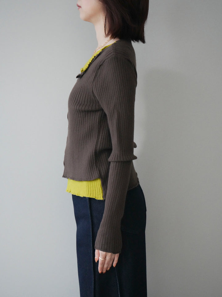 [予約]配色レイヤードリブニットカーディガン/brown