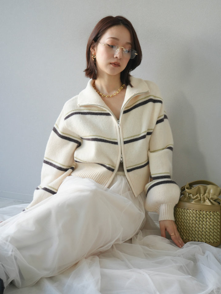 [予約]ボーダーZIPショートニットカーディガン/ivory