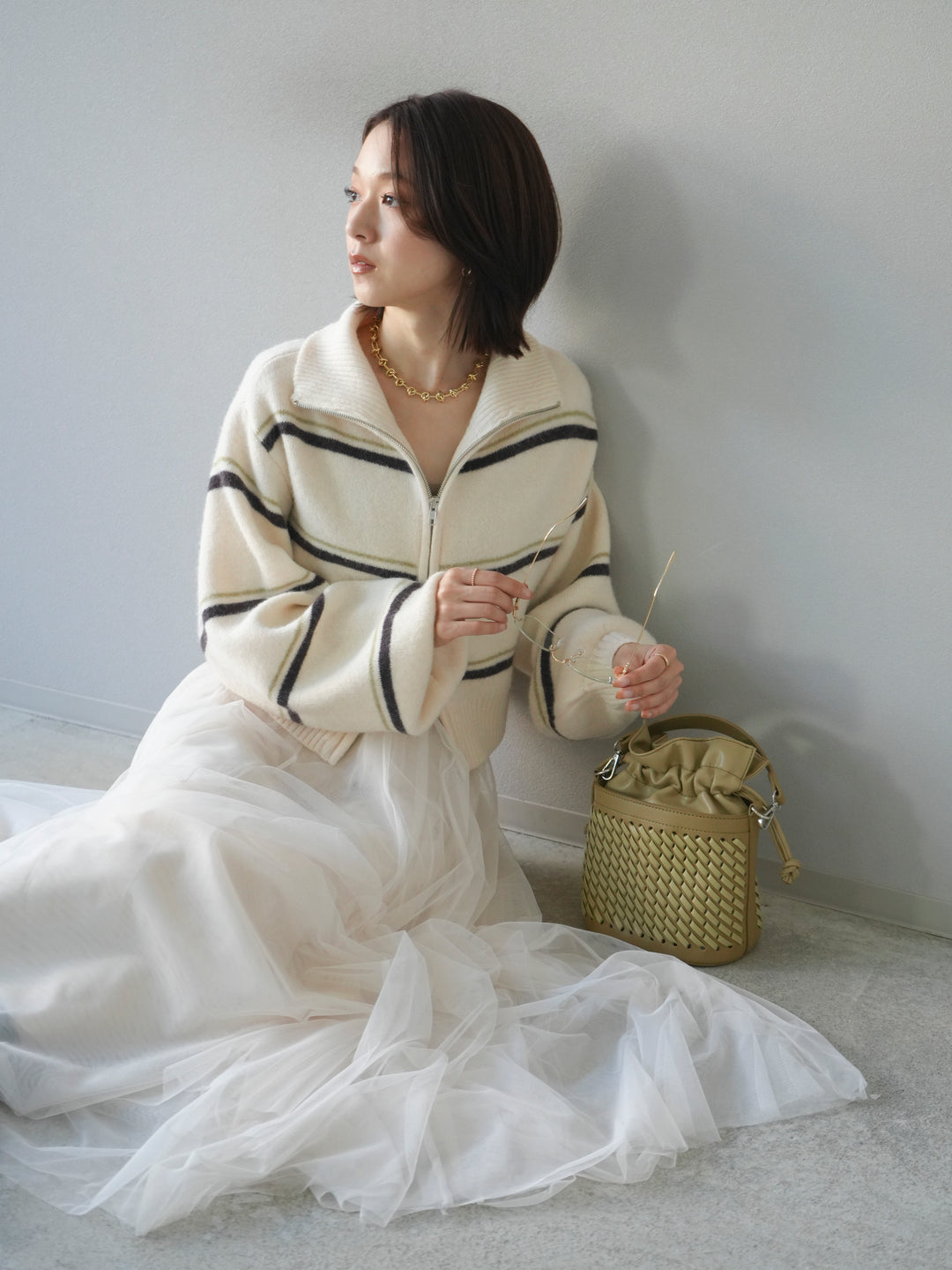 [予約]ボーダーZIPショートニットカーディガン/ivory