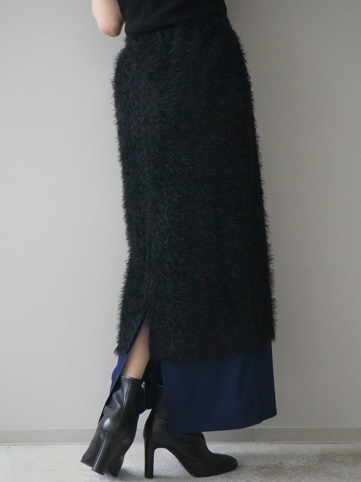 [予約]異素材バイカラーレイヤードシャギーニットスカート/black