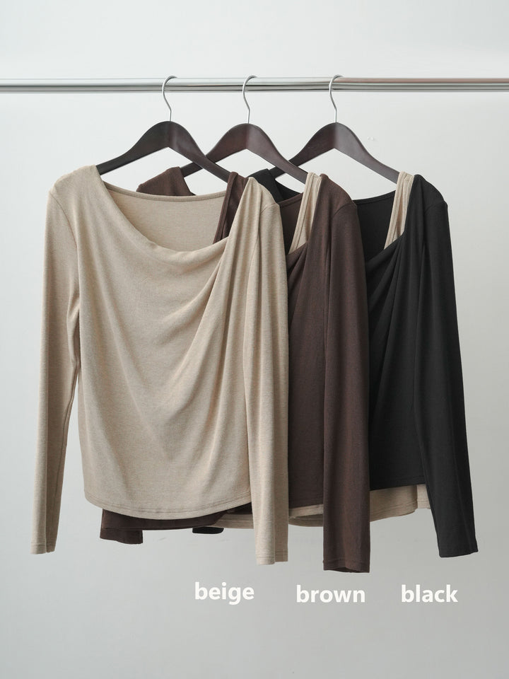 【套裝】流蘇斜紋連身衣+雙色不對稱疊層設計上衣（兩件套裝）
