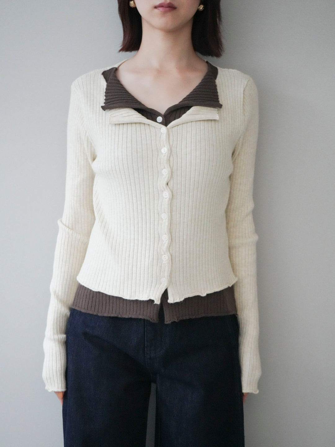 [予約]配色レイヤードリブニットカーディガン/ivory