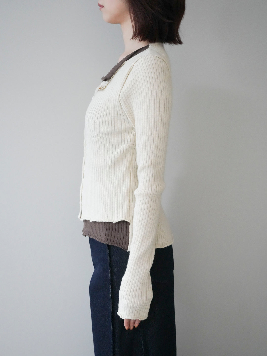 [予約]配色レイヤードリブニットカーディガン/ivory