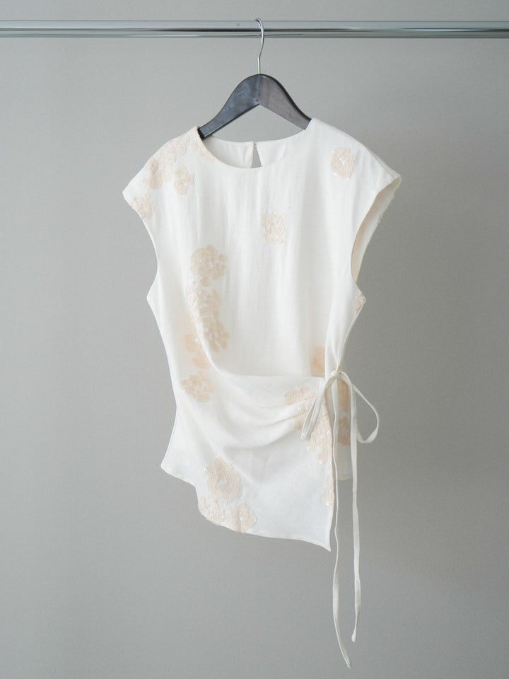 [SET]リネンタッチフラワージャガードトップス+ダメージデニムセミワイドパンツ(2set)