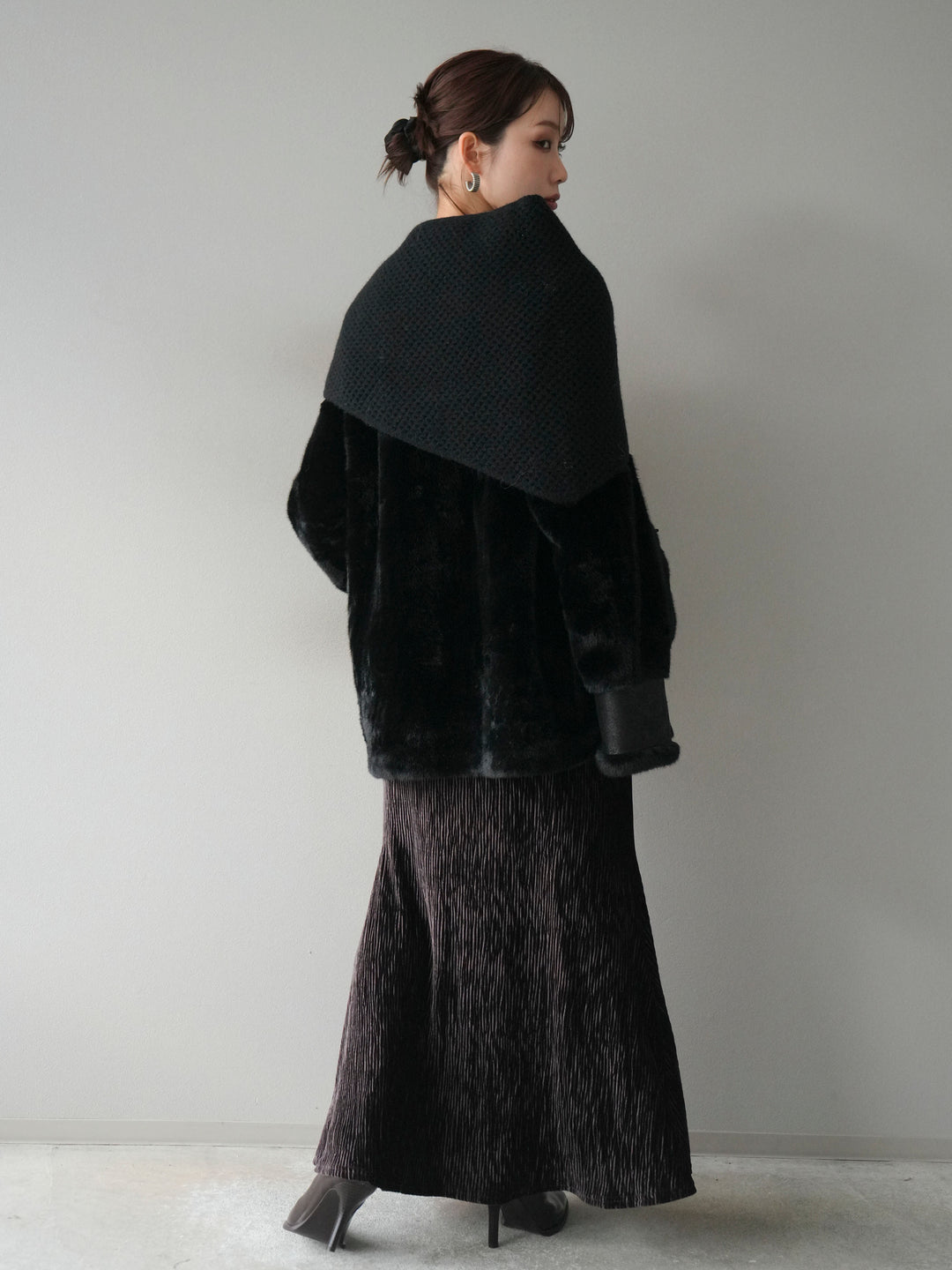 [予約]バッグ付エコファーノーカラーコート/black