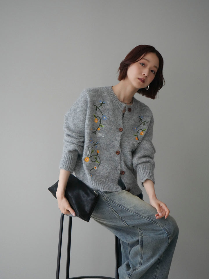 【預購】花朵刺繡針織開襟衫 / 灰色
