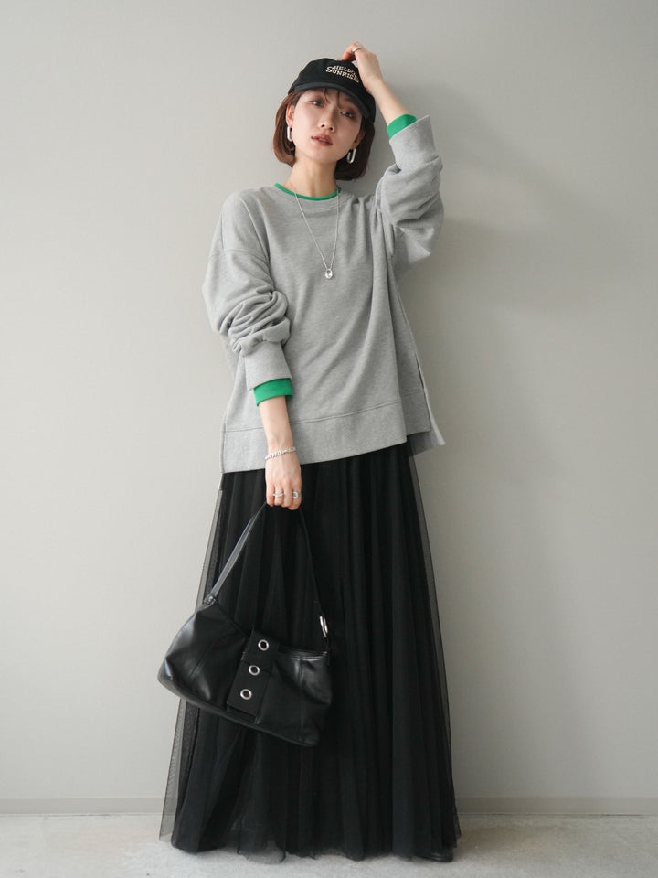 [SET]配色レイヤードデザインスエットプルオーバー+チュールボリュームスカート(2set)