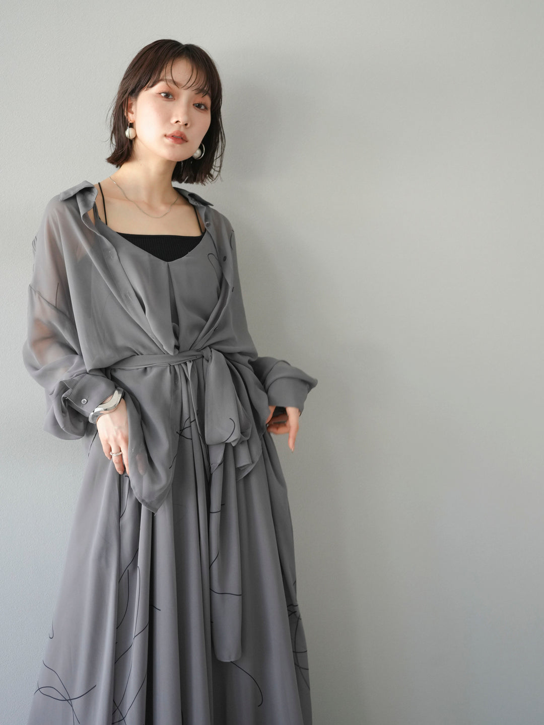 [SET]ペンタッチシフォンキャミワンピース+ペンタッチシフォンシャツ(2set)