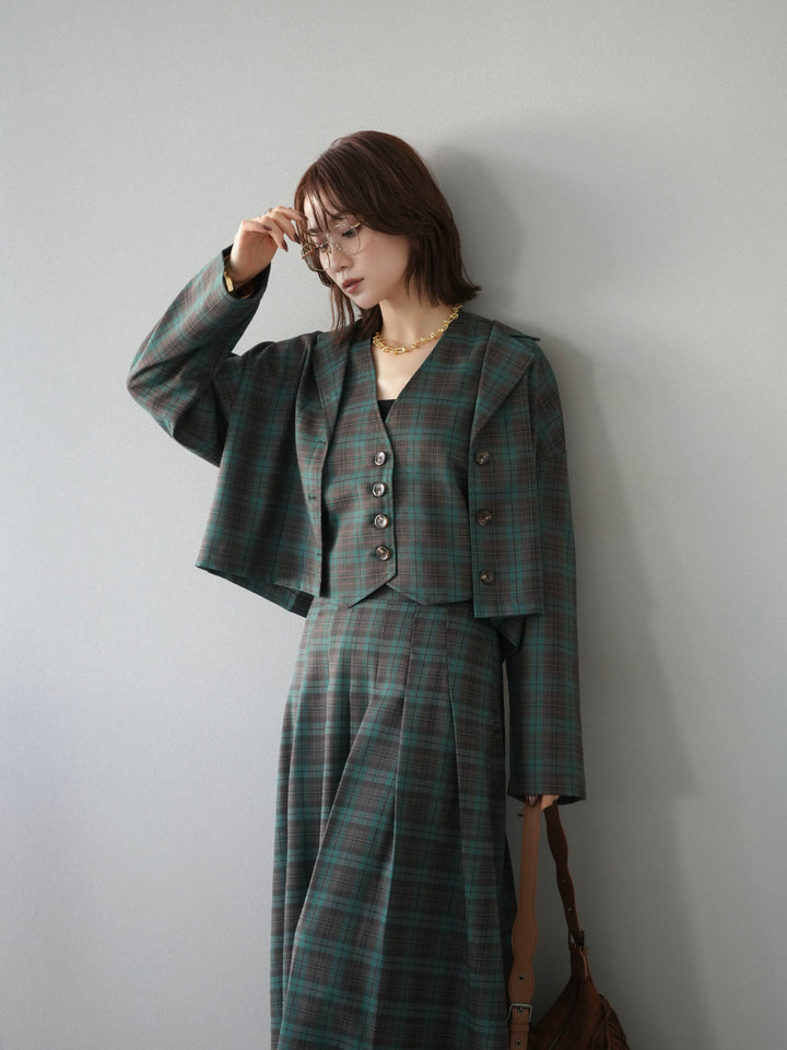 [SET]チェック柄ショートジャケット+チェック柄ベスト+チェック柄タックフレアスカート(3set)