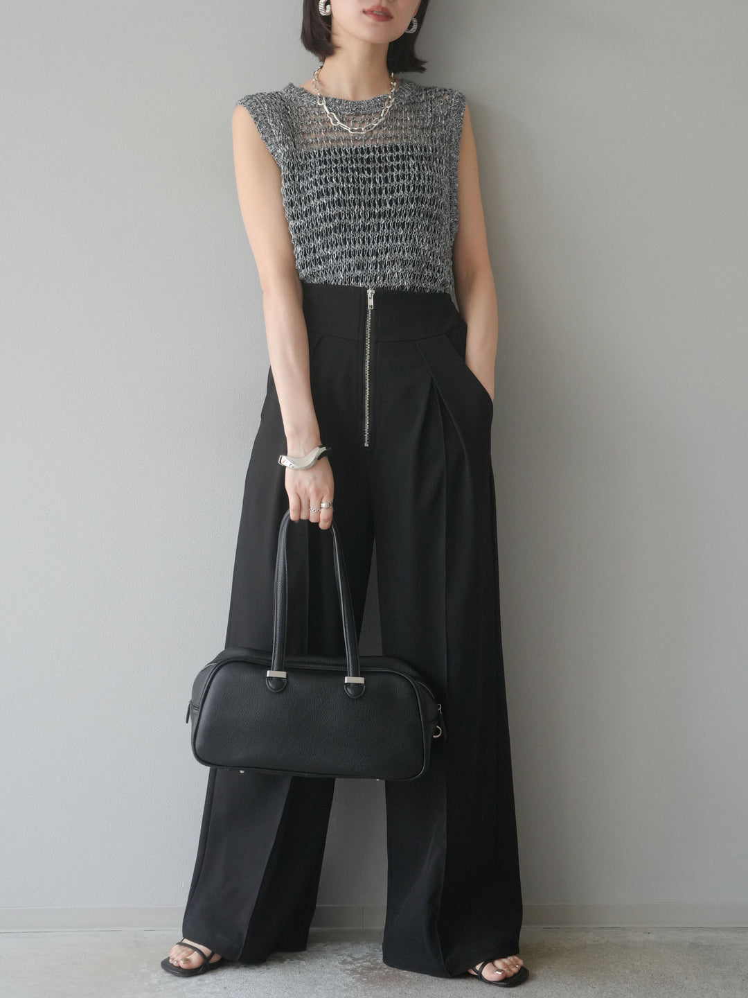 [予約]ミックスヤーン透かし編みニットタンクトップ/ブラック