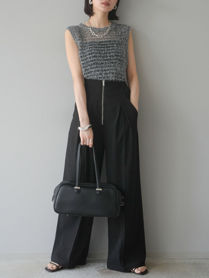 [予約]ミックスヤーン透かし編みニットタンクトップ/ブラック