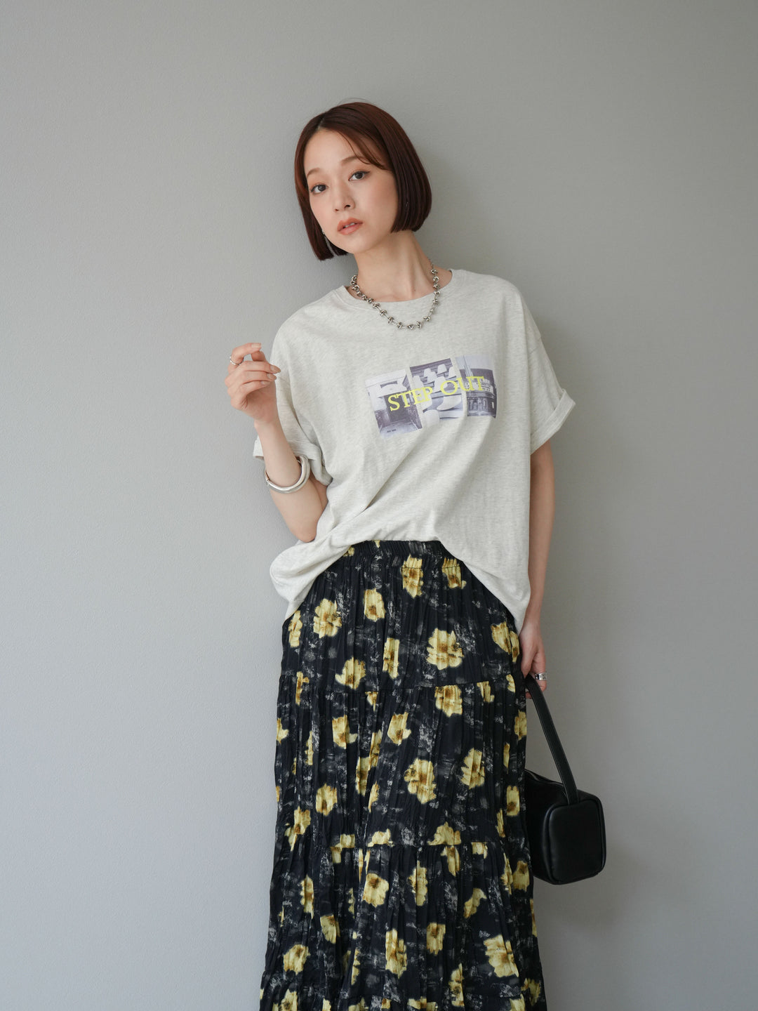 [SET]ネオンロゴコラージュフォトプリントオーバーTシャツ+フラワーワッシャーロングスカート(2set)