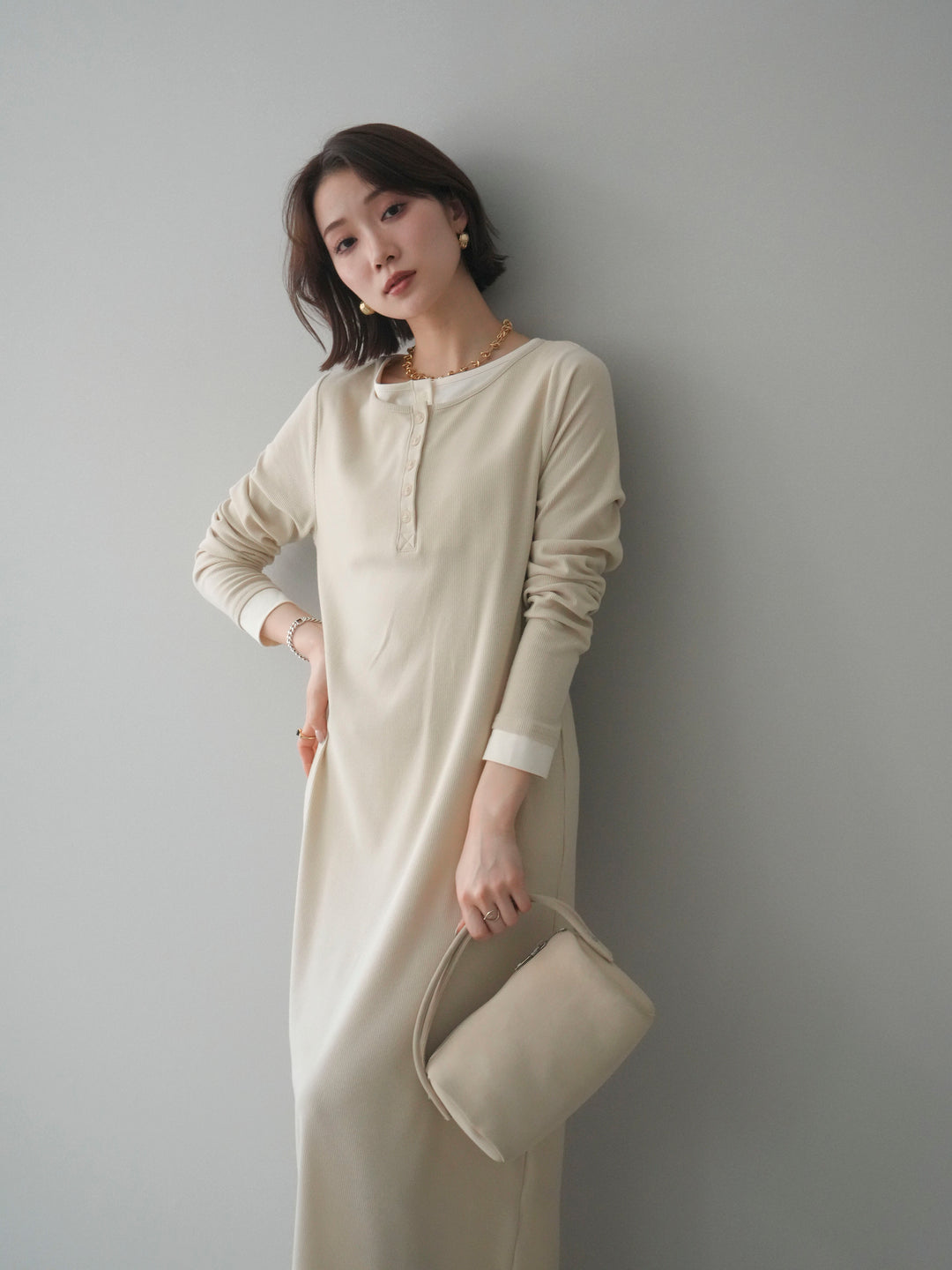 [SET]配色レイヤードヘンリーネックカットリブワンピース+配色レイヤードヘンリーネックカットリブワンピース(2set)