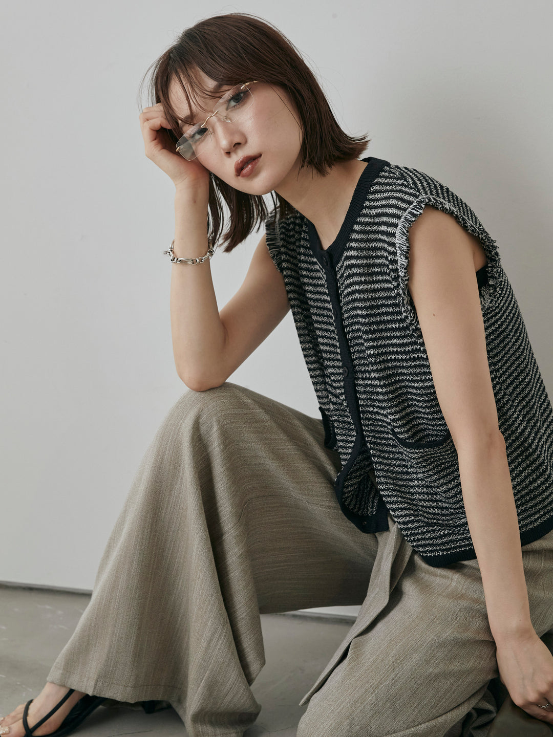 [予約]リネンライクウエストリボンワイドパンツ/ベージュ