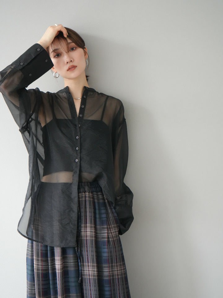 [SET] 亮面透視立領襯衫 + 透視格紋寬鬆褲 (2 件套)